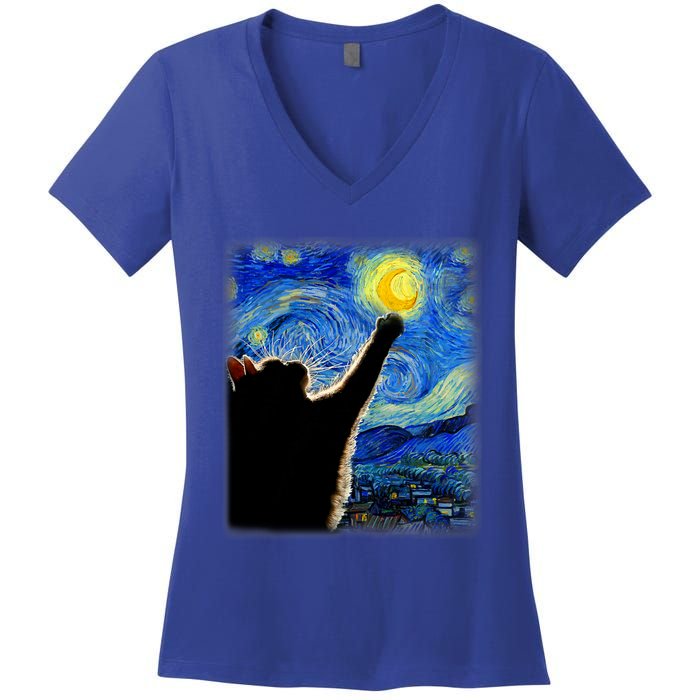 Van Gogh Starry Night Cat Classic Fit Cat Lover/Mom/Dad Gift Black Women's V-Neck T-Shirt