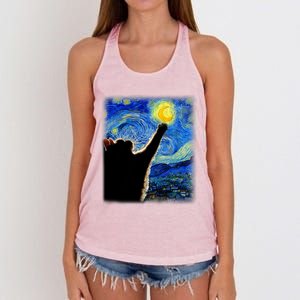 Van Gogh Starry Night Cat Classic Fit Cat Lover/Mom/Dad Gift Black Women's Knotted Racerback Tank