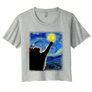 Van Gogh Starry Night Cat Classic Fit Cat Lover/Mom/Dad Gift Black Women's Crop Top Tee