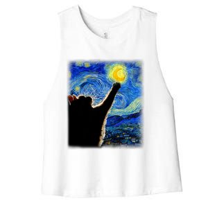 Van Gogh Starry Night Cat Classic Fit Cat Lover/Mom/Dad Gift Black Women's Racerback Cropped Tank