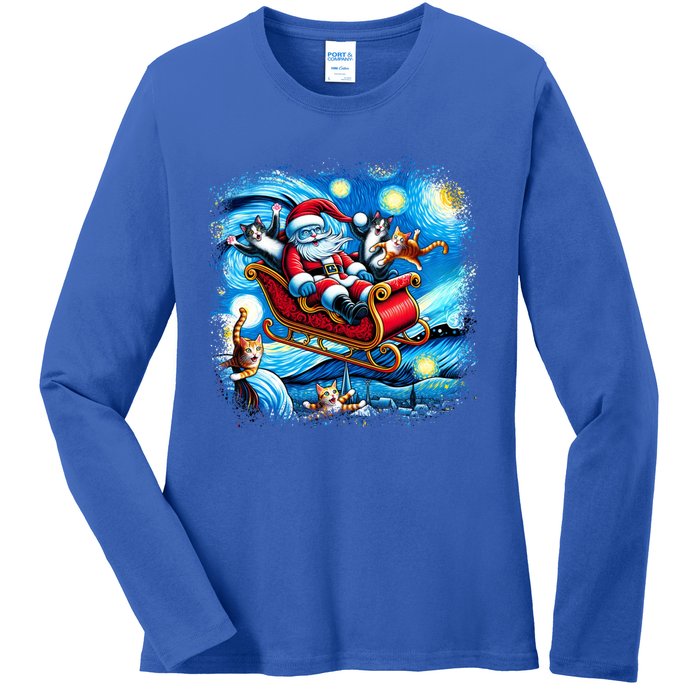 Van Gogh Starry Night Santa Christmas Cats For Everybody Cool Gift Ladies Long Sleeve Shirt