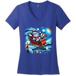 Van Gogh Starry Night Santa Christmas Cats For Everybody Cool Gift Women's V-Neck T-Shirt