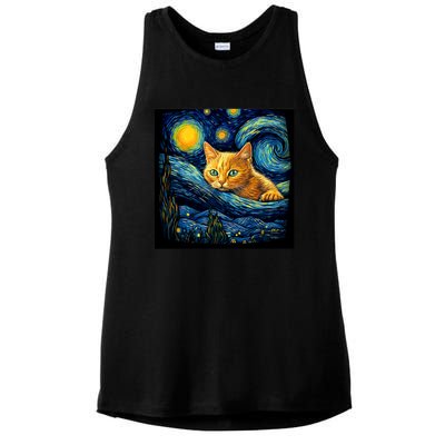 Van Gogh Starry Night Cat For Cat Lover Cat Mom And Cat Dad Ladies PosiCharge Tri-Blend Wicking Tank