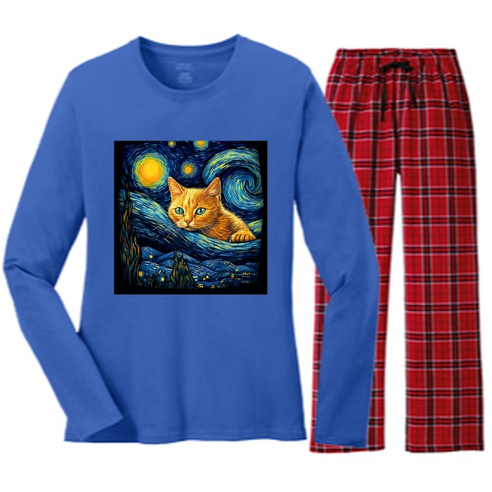 Van Gogh Starry Night Cat For Cat Lover Cat Mom And Cat Dad Women's Long Sleeve Flannel Pajama Set 