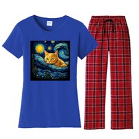 Van Gogh Starry Night Cat For Cat Lover Cat Mom And Cat Dad Women's Flannel Pajama Set