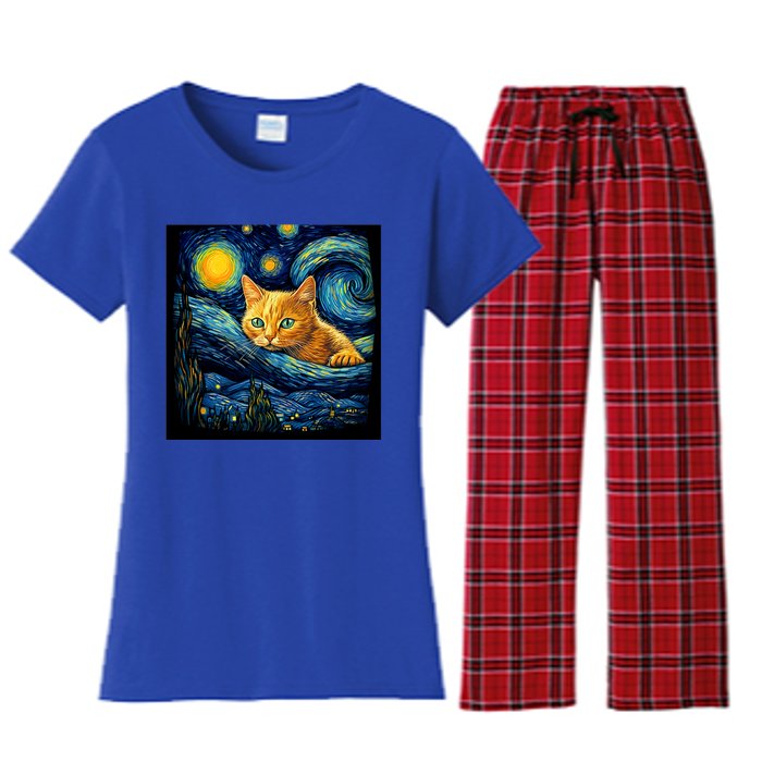 Van Gogh Starry Night Cat For Cat Lover Cat Mom And Cat Dad Women's Flannel Pajama Set