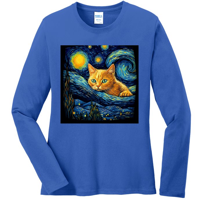 Van Gogh Starry Night Cat For Cat Lover Cat Mom And Cat Dad Ladies Long Sleeve Shirt