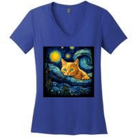 Van Gogh Starry Night Cat For Cat Lover Cat Mom And Cat Dad Women's V-Neck T-Shirt