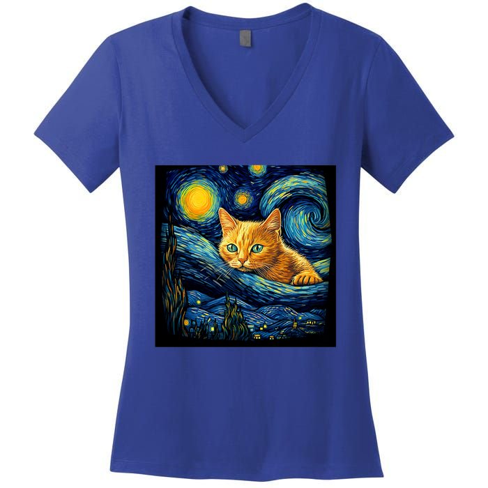 Van Gogh Starry Night Cat For Cat Lover Cat Mom And Cat Dad Women's V-Neck T-Shirt