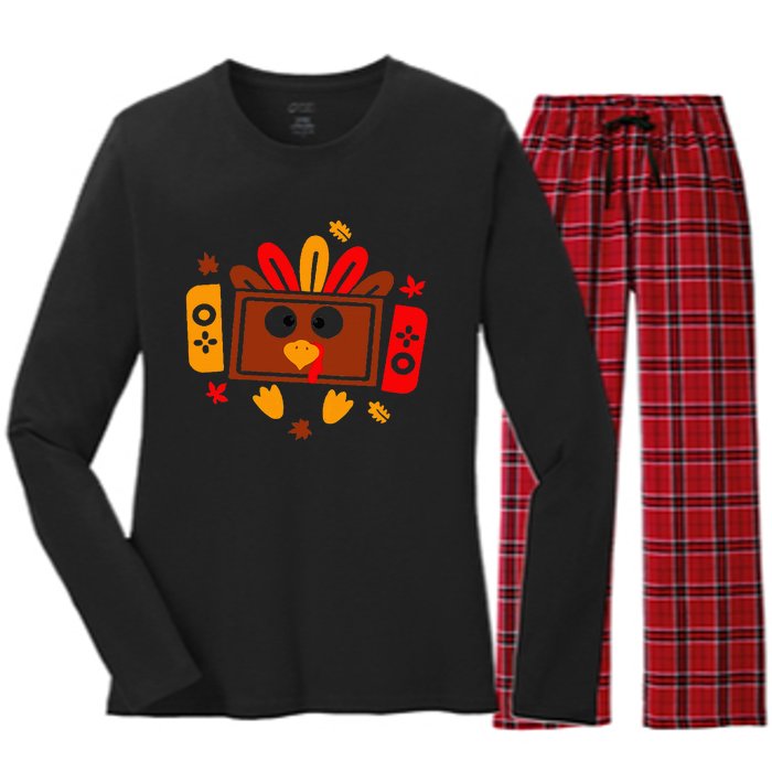 Video Games Thanksgiving Turkey Gamer Gaming Women's Long Sleeve Flannel Pajama Set 