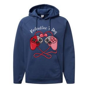 Video Gamer Valentines Day With Controllers Heart Great Gift Performance Fleece Hoodie