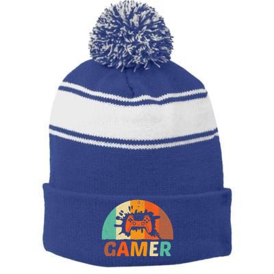 Video Game Vintage Gamer Boy For Lovers And Players Stripe Pom Pom Beanie