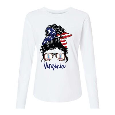 Virginia Girl Virginia Flag State Girlfriend Messy Bun Womens Cotton Relaxed Long Sleeve T-Shirt