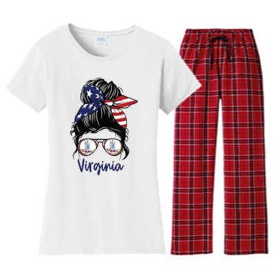 Virginia Girl Virginia Flag State Girlfriend Messy Bun Women's Flannel Pajama Set