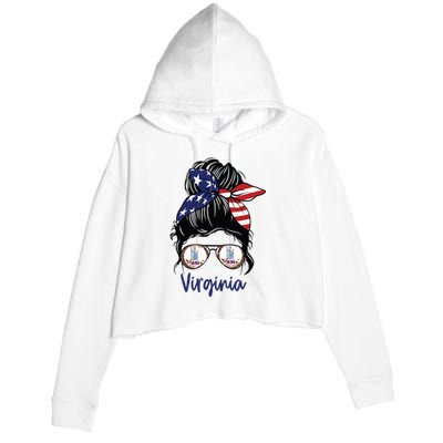 Virginia Girl Virginia Flag State Girlfriend Messy Bun Crop Fleece Hoodie