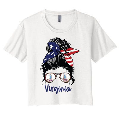 Virginia Girl Virginia Flag State Girlfriend Messy Bun Women's Crop Top Tee