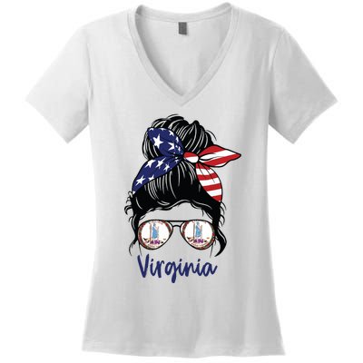 Virginia Girl Virginia Flag State Girlfriend Messy Bun Women's V-Neck T-Shirt