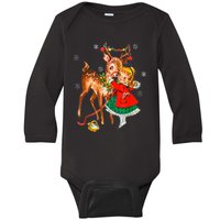 Vintage Girl With Deer Retro 50S Christmas Baby Long Sleeve Bodysuit