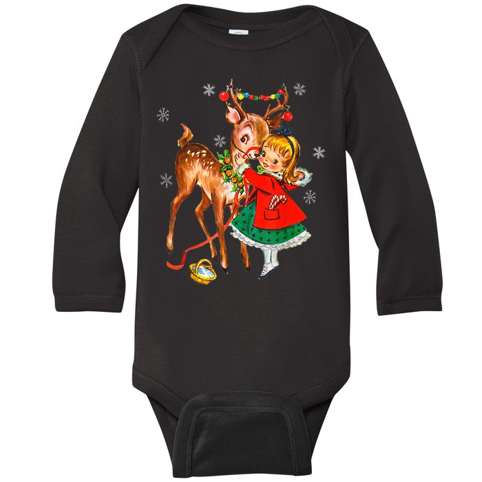 Vintage Girl With Deer Retro 50S Christmas Baby Long Sleeve Bodysuit