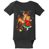 Vintage Girl With Deer Retro 50S Christmas Baby Bodysuit