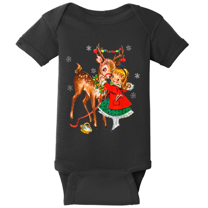 Vintage Girl With Deer Retro 50S Christmas Baby Bodysuit