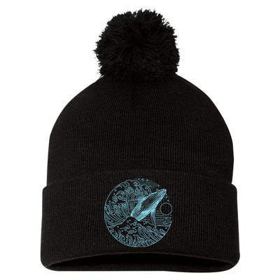Vintage Great Wave Leaping Humpback Whale Pom Pom 12in Knit Beanie