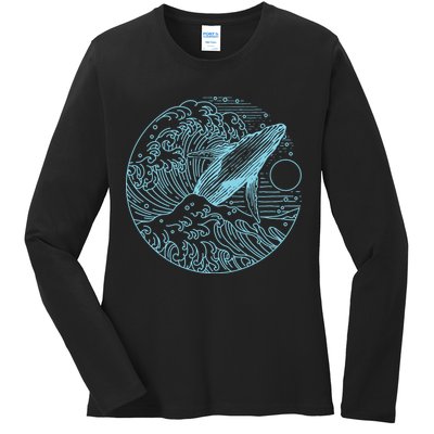 Vintage Great Wave Leaping Humpback Whale Ladies Long Sleeve Shirt