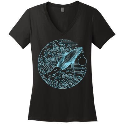 Vintage Great Wave Leaping Humpback Whale Women's V-Neck T-Shirt