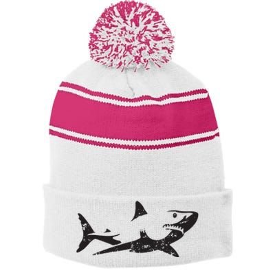 Vintage Great White Shark Silhouette Ocean Predator Stripe Pom Pom Beanie