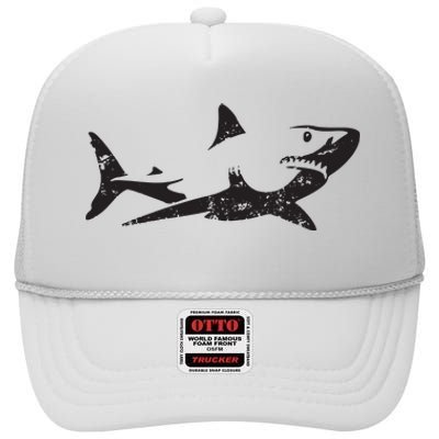 Vintage Great White Shark Silhouette Ocean Predator High Crown Mesh Back Trucker Hat