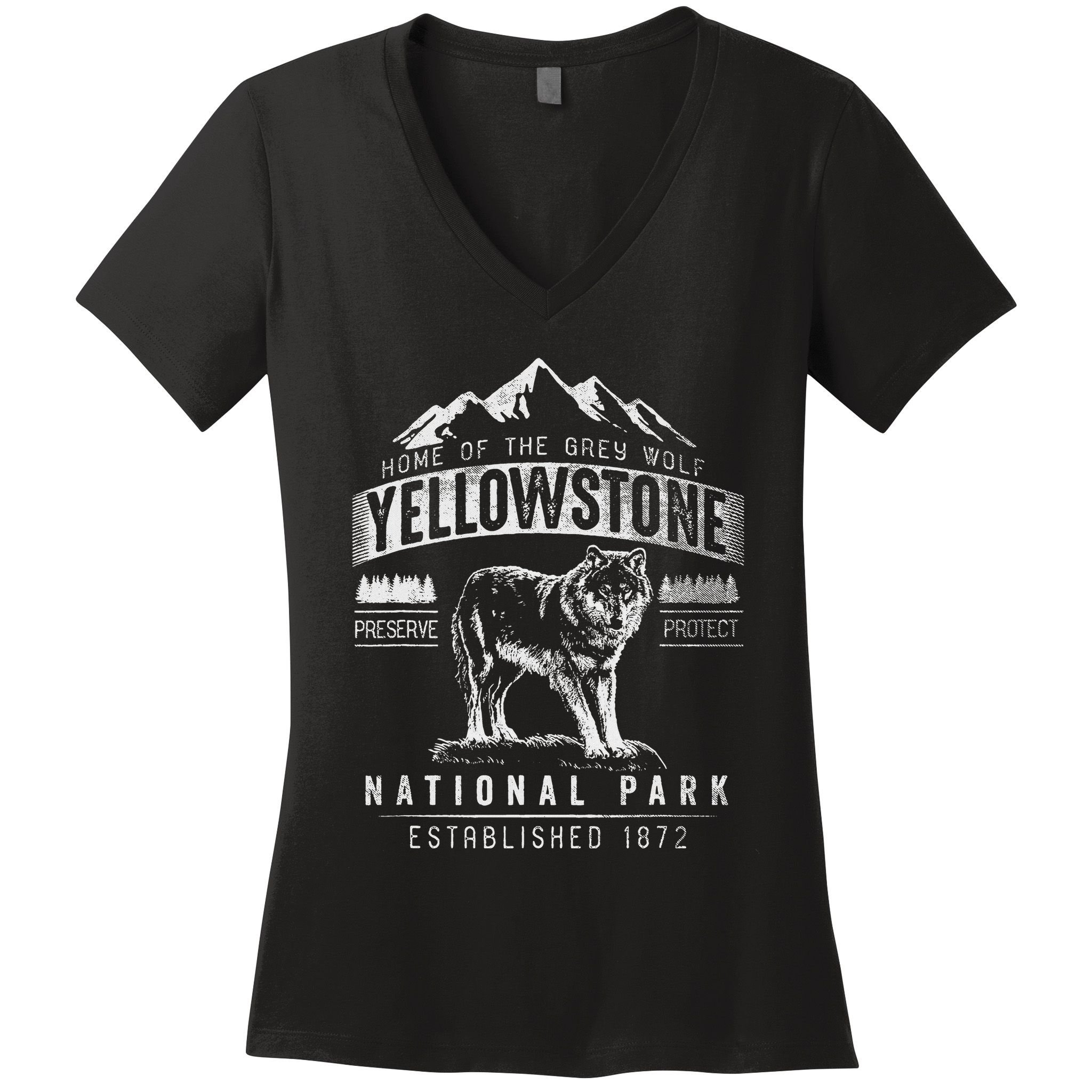 Vintage Grey Wolf Yellowstone National Park Women's V-Neck T-Shirt