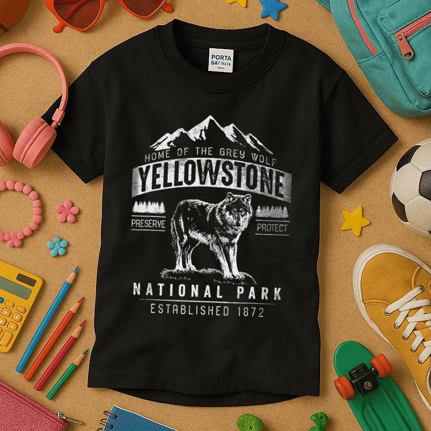 Vintage Grey Wolf Yellowstone National Park Kids T-Shirt
