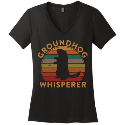 Vintage Groundhog Whisperer Silhouette Gift Ground Hog Day Women's V-Neck T-Shirt