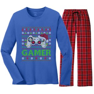 Video Gamer Xmas Lighting Ugly Santa Video Gamer Christmas Gift Women's Long Sleeve Flannel Pajama Set 