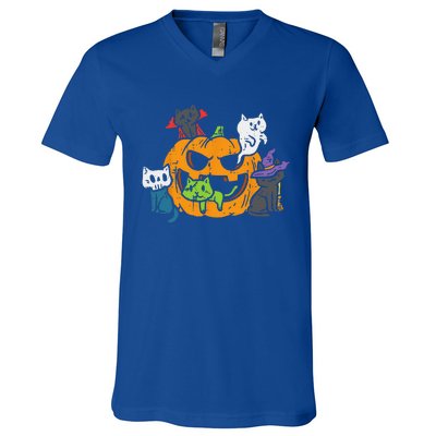 Vampire Ghost Zombie Witch Cats In Pumpkin Cute Halloween V-Neck T-Shirt