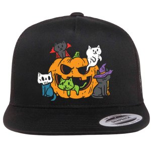 Vampire Ghost Zombie Witch Cats In Pumpkin Cute Halloween Flat Bill Trucker Hat