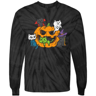 Vampire Ghost Zombie Witch Cats In Pumpkin Tie-Dye Long Sleeve Shirt