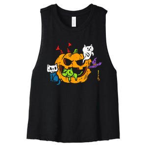 Vampire Ghost Zombie Witch Cats In Pumpkin Cute Halloween Women's Racerback Cropped Tank