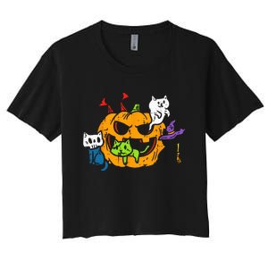 Vampire Ghost Zombie Witch Cats In Pumpkin Cute Halloween Women's Crop Top Tee