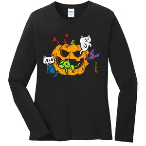 Vampire Ghost Zombie Witch Cats In Pumpkin Cute Halloween Ladies Long Sleeve Shirt