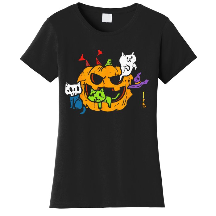 Vampire Ghost Zombie Witch Cats In Pumpkin Cute Halloween Women's T-Shirt