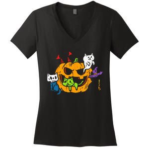 Vampire Ghost Zombie Witch Cats In Pumpkin Cute Halloween Women's V-Neck T-Shirt