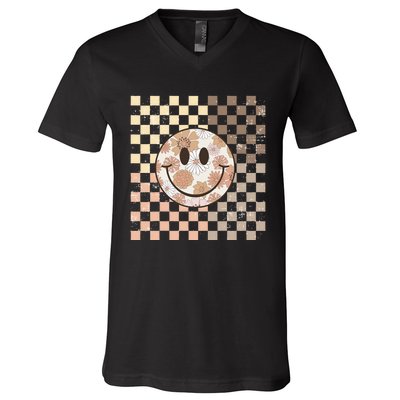 Vintage Hippie 60s 70s Smile Face Flower Retro Checkered V-Neck T-Shirt