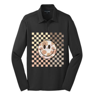 Vintage Hippie 60s 70s Smile Face Flower Retro Checkered Silk Touch Performance Long Sleeve Polo