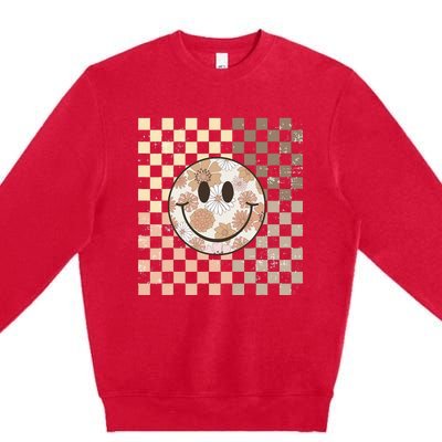 Vintage Hippie 60s 70s Smile Face Flower Retro Checkered Premium Crewneck Sweatshirt