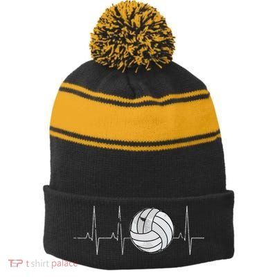 Volleyball Heartbeat As Funny Volleyball Gift Ideas Stripe Pom Pom Beanie