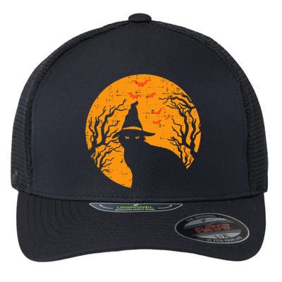 Vintage Halloween Black Cat Witch Moon Flexfit Unipanel Trucker Cap