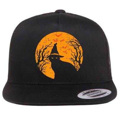 Vintage Halloween Black Cat Witch Moon Flat Bill Trucker Hat