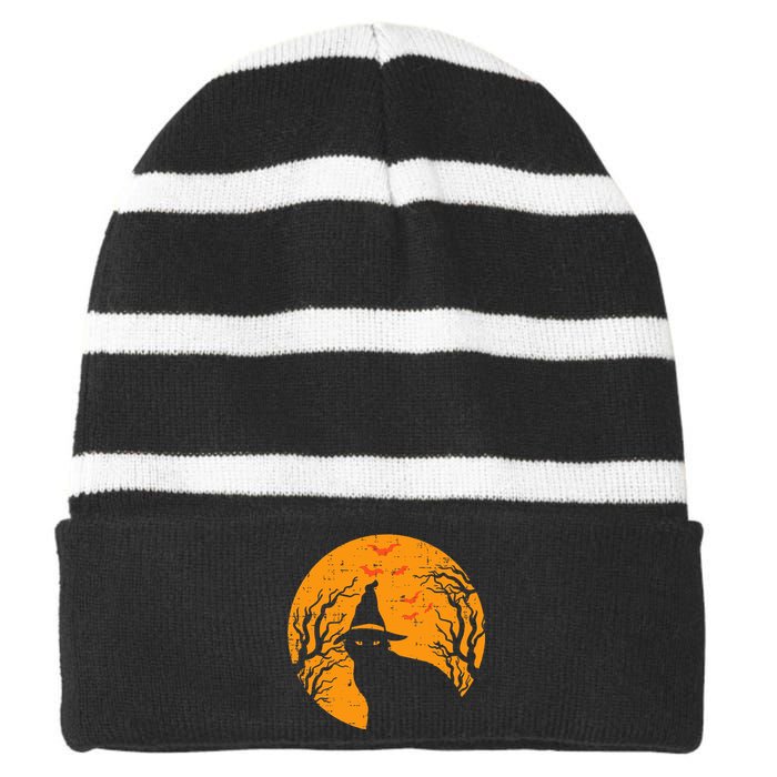 Vintage Halloween Black Cat Witch Moon Striped Beanie with Solid Band