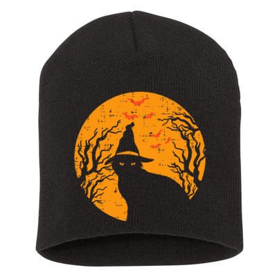 Vintage Halloween Black Cat Witch Moon Short Acrylic Beanie